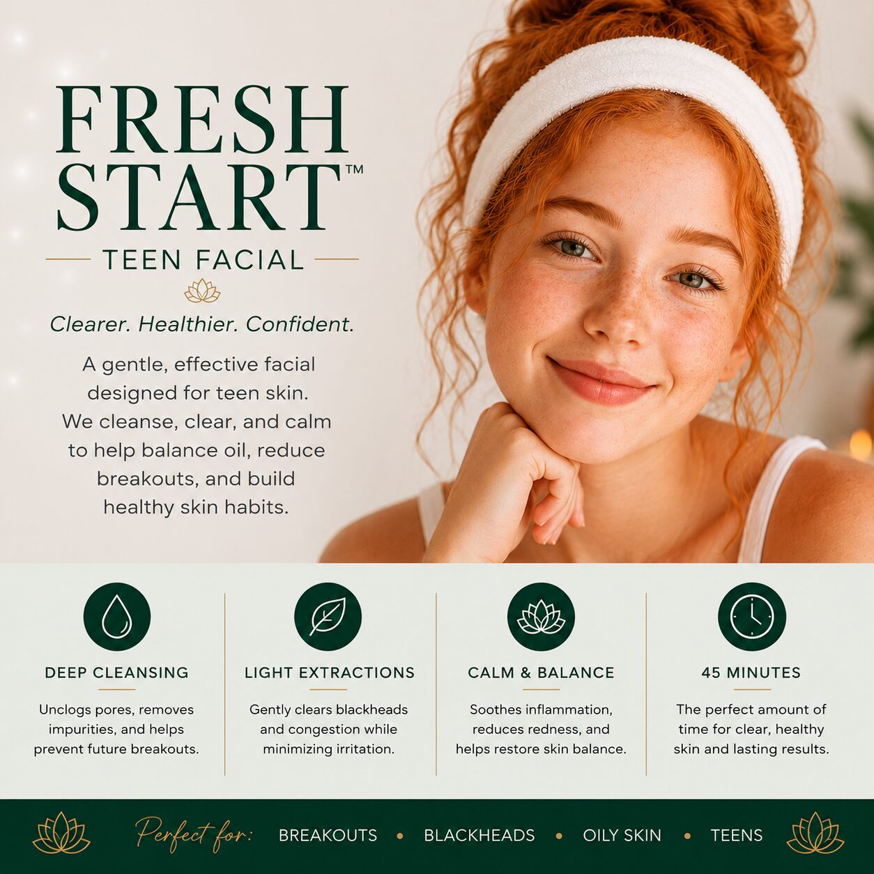 Fresh Start Teen Facial in Boston and Winthrop, MA helping teens manage mild breakouts, oily skin, blackheads, and congestion through professional skincare and healthy skin education.