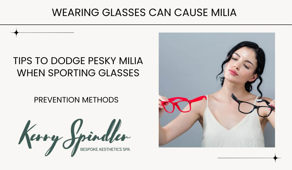 Woman holding eyeglasses illustrating how wearing glasses can cause milia around the eyes